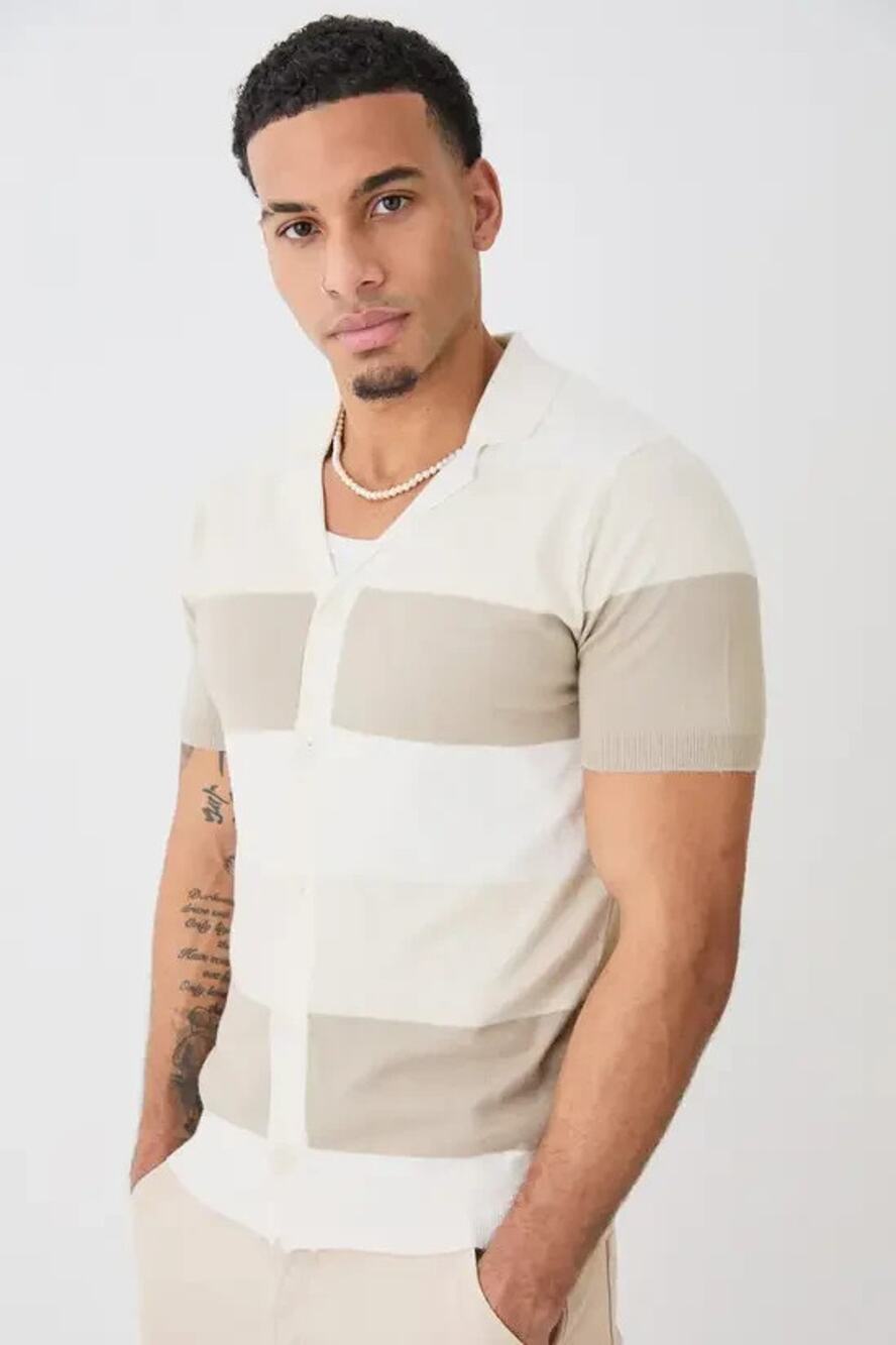 NEW Boohoo Men's Sage Beige Revere Striped Knit Short Sleeve Button Up Shirt M